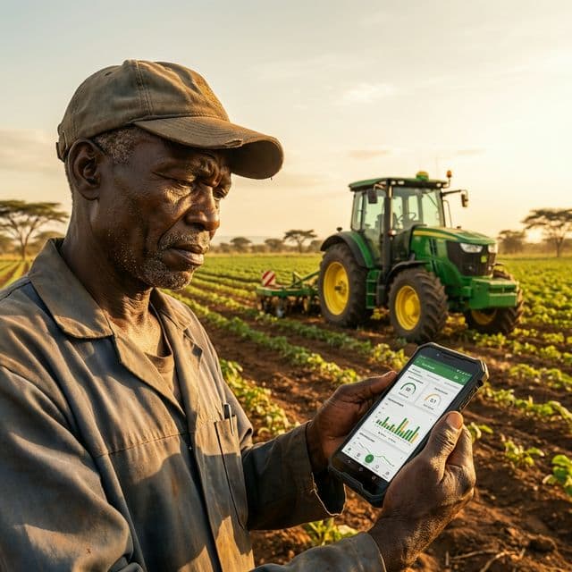 A farmer standing with his tractor at the edge of a field