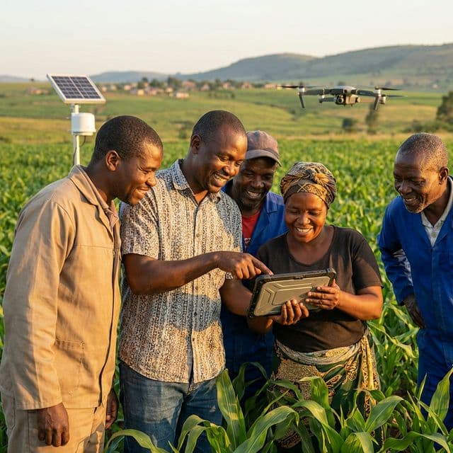 Farmers looking at prices together on a tablet